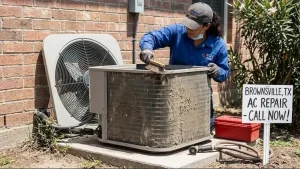 An HVAC professional performing AC repair in Brownsville TX by brushing away heavy dirt and debris from an air conditioner condenser coil.