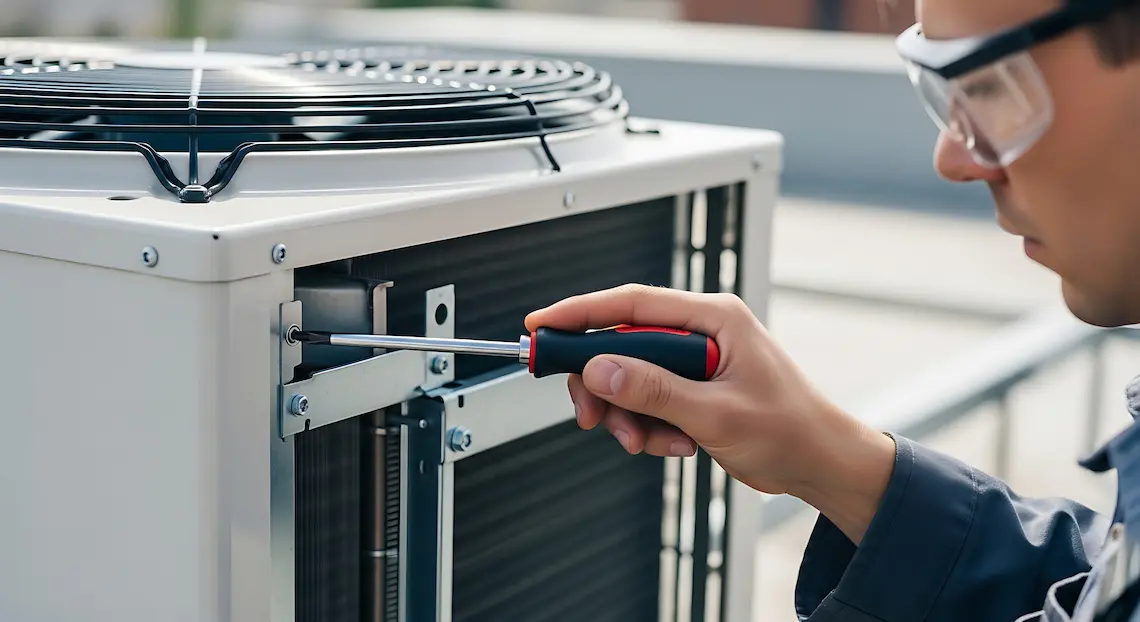 Technician performing professional AC repair Brownsville TX on an outdoor HVAC condenser unit.