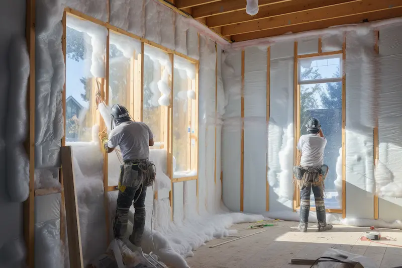 Two construction workers installing white fiberglass batts into open wall framing as part of residential attic insulation services.