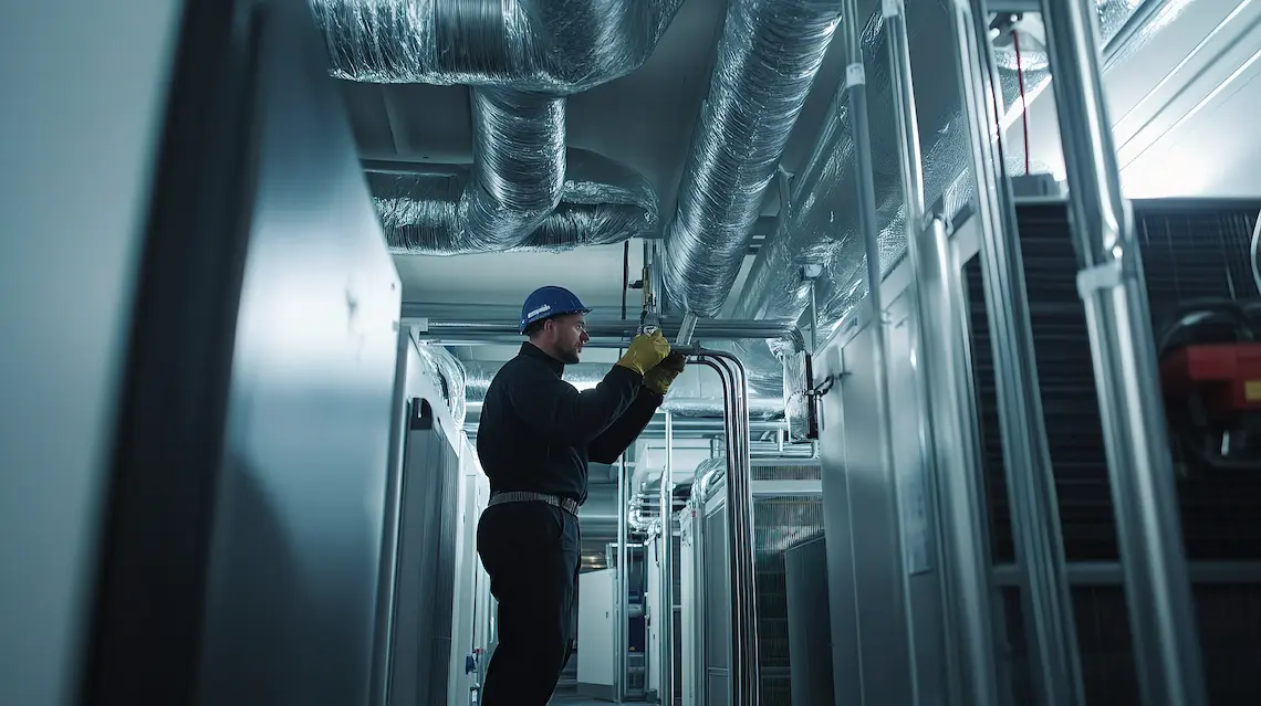 An HVAC technician inspecting large industrial cooling infrastructure inside a mechanical room for a commercial ac repair brownsville tx service call.