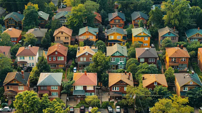 Aerial view of a dense residential neighborhood requiring reliable AC repair in Brownsville TX to keep homes cool.