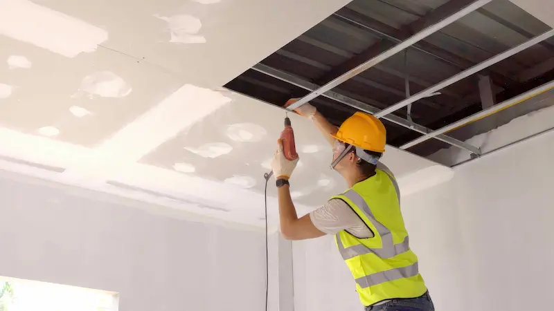A construction worker wearing a yellow hard hat and safety vest uses a power drill to install a ceiling panel during attic insulation services.