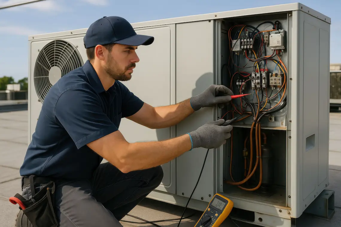 An HVAC technician using a digital multimeter to test the electrical wiring panel of an outdoor air conditioning unit during an AC repair in Brownsville, TX.