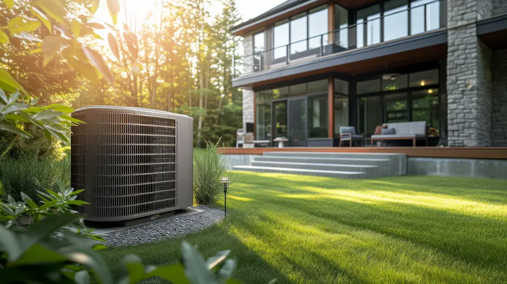 Modern residential AC unit installed in a backyard lawn next to a luxury home, highlighting professional AC repair in Brownsville, TX.