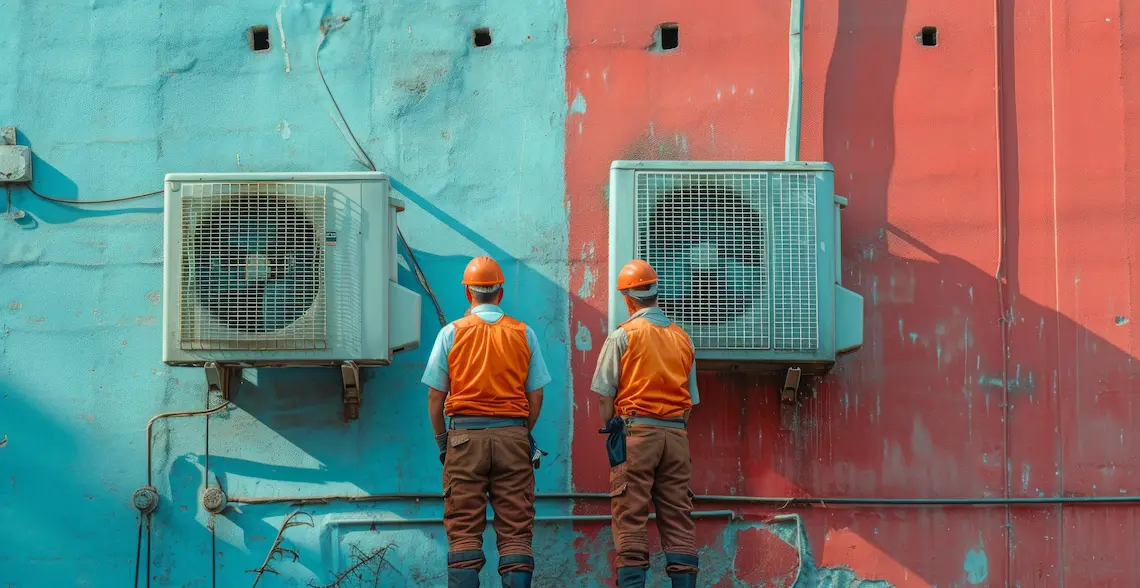 Two HVAC technicians in orange vests and hard hats inspecting two outdoor wall-mounted air conditioning units, representing professional AC repair in Brownsville, TX.