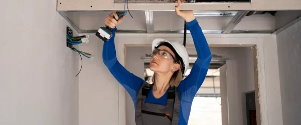 Female technician wearing safety gear using a power drill to fix indoor ductwork during a comprehensive ac repair brownsville tx service call.