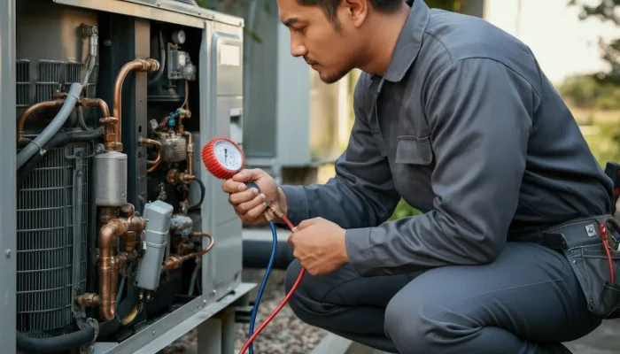 ac-repair-brownsville-tx-pressure-test.jpg An HVAC technician using pressure gauges to check refrigerant levels during a professional ac repair brownsville tx service call.
