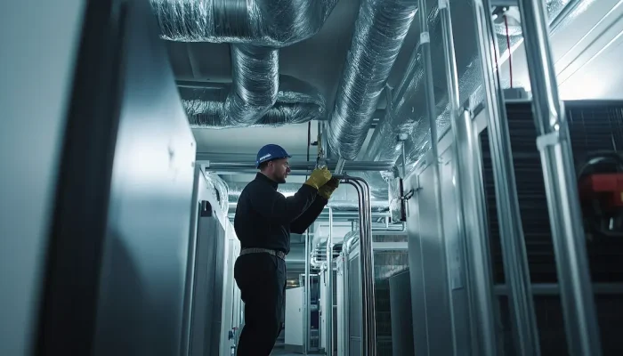 commercial-ac-repair-brownsville-tx.jpg An HVAC technician inspecting large industrial cooling infrastructure inside a mechanical room for a commercial ac repair brownsville tx service call.